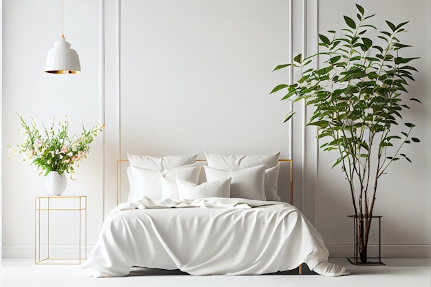 Bed in de slaapkamer in een Scandinavische minimalistische stijl Lichte kussens op het bed AI Generated