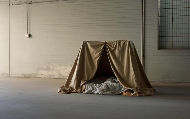 Bed in kamer bedekt met lakens.