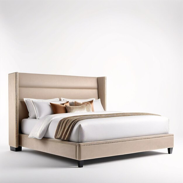 the bed is made with a beige upholing