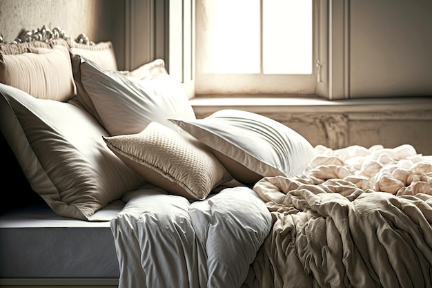 Фото Постельное белье на кровати, освещенное солнечными лучами из окна