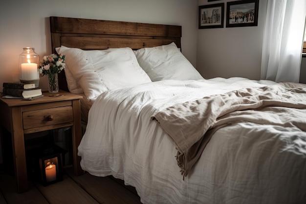 Foto bed met netjes opgemaakte en geurende lakens klaar voor een goede nachtrust gecreëerd met generatieve ai