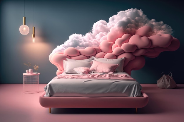 Bed met roze wolken Creatief ontwerpconcept Ai-generatie