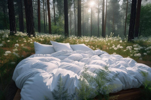 Bed met wit beddengoed in het bos Buiten slapen in het bos