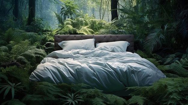 Bed met wit beddengoed in het bos.