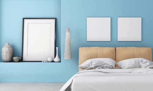 Bed Mock Interior op blauwe muur