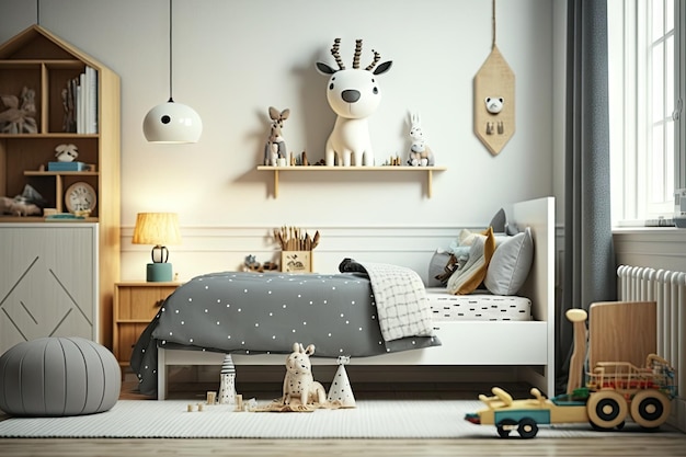 Bed in modern child room with various toys and accessories created with generative ai