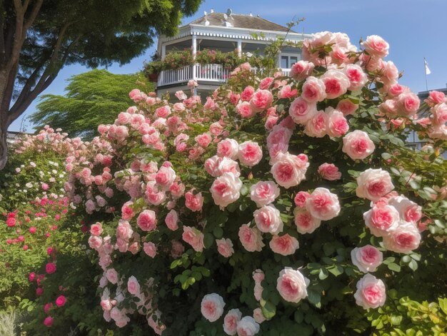 Photo a bed of pink roses in front of a house