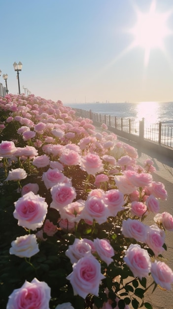 オンタリオ湖の岸辺にはピンクのバラの花壇が並んでいます。