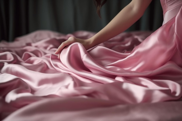 Bed pink silk textile Generate Ai