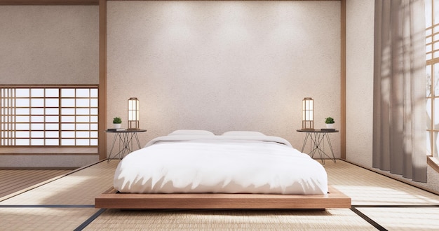 The bed room, japanese Minimalist style.3D rendering