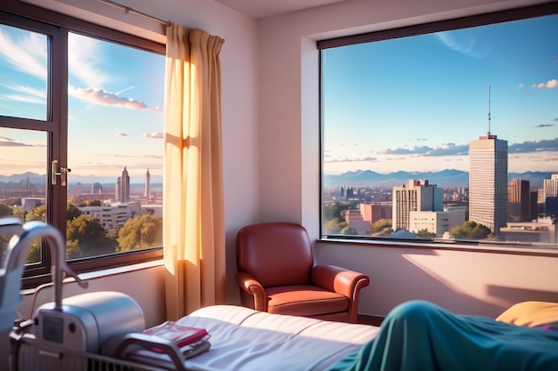 A bed in a room with a view of the city