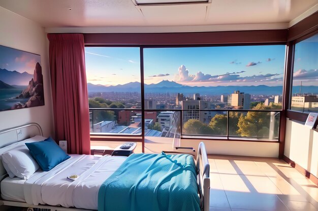 A bed in a room with a view of the mountains in the background.