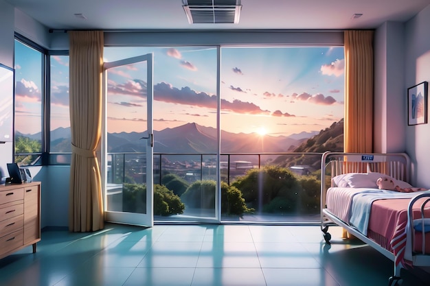 A bed in a room with a view of the mountains and the sky.