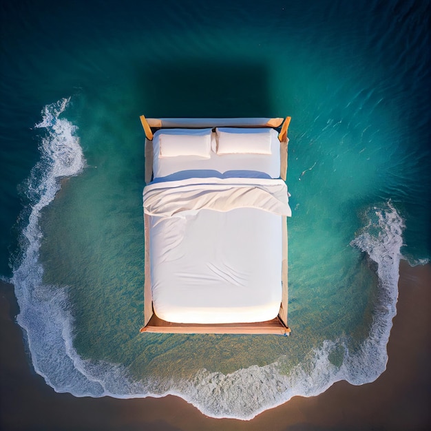 Bed in the sea aerial view sleeping in the ocean