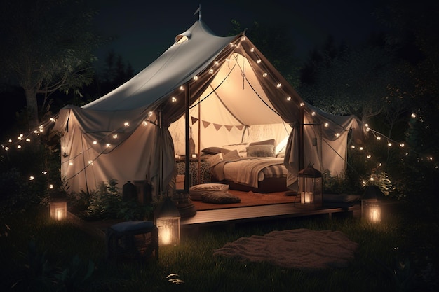 a bed set up inside of a tent with lights strung all around it