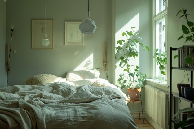 A bed sitting under a window next to a plant