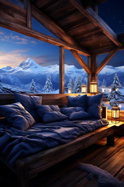 Bed sitting under window next to snow covered mountain Generative AI