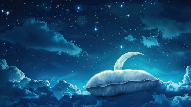 A bed in the sky with moonlight shining on it a feather pillow and eye patch a night scene a sky full of stars World Sleep Day