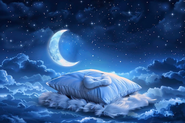 A bed in the sky with moonlight shining on it a feather pillow and eye patch a night scene a sky full of stars World Sleep Day