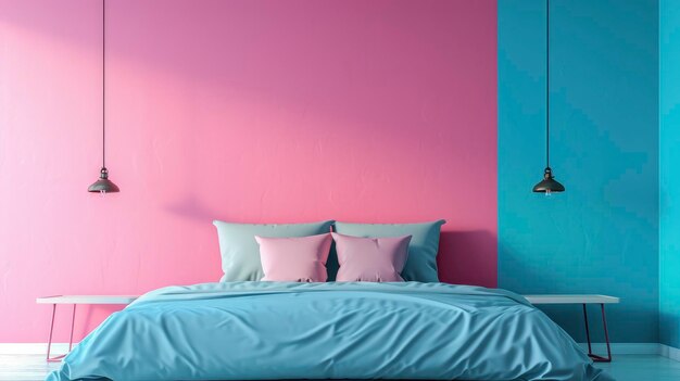 Bed tegen een levendige zachte roze en blauwe muur met kopieerruimte