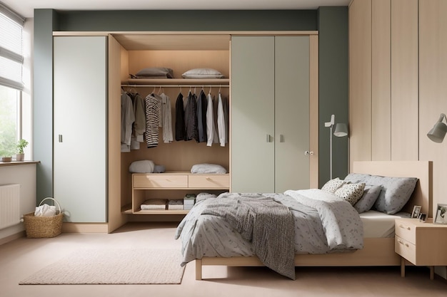 Bed and wardrobe in small bedroom