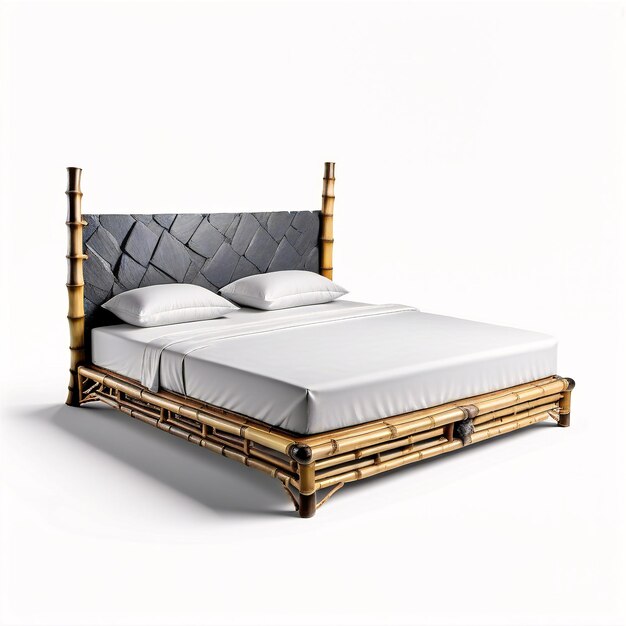 a bed with a bamboo frame and a white sheet