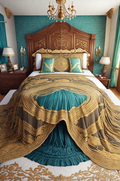 A bed with a bed and a blanket with a gold and green pattern.