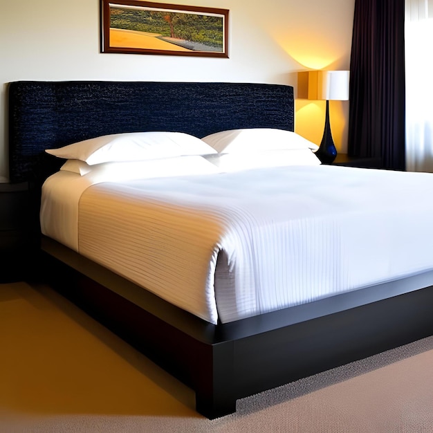 A bed with a black headboard and white sheets is in a hotel room.