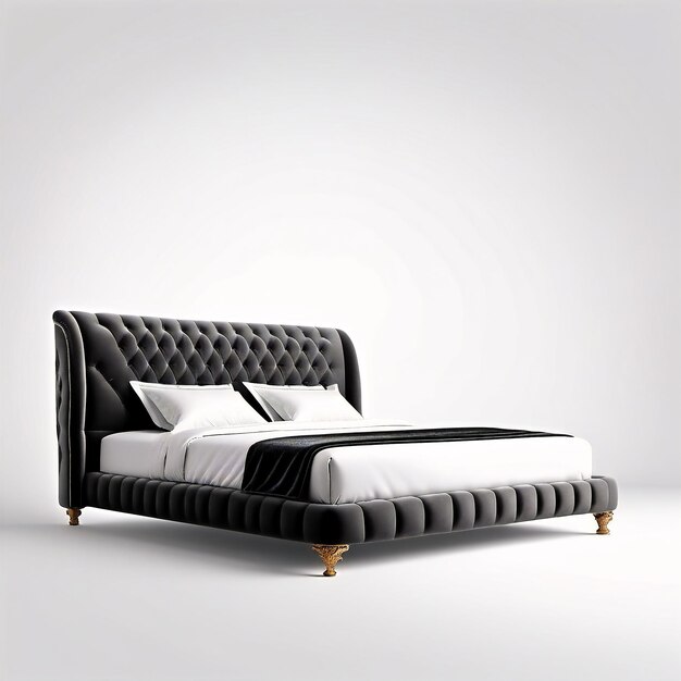 a bed with a black velvet upholing and gold legs