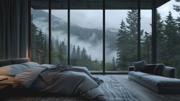 a bed with a blanket on it and a mountain view