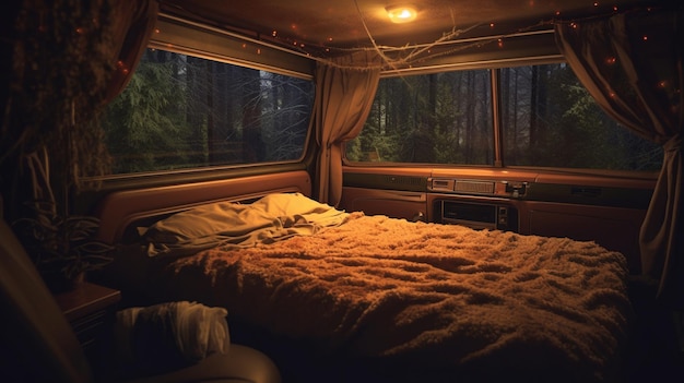 A bed with a blanket on it and a window with the lights on.