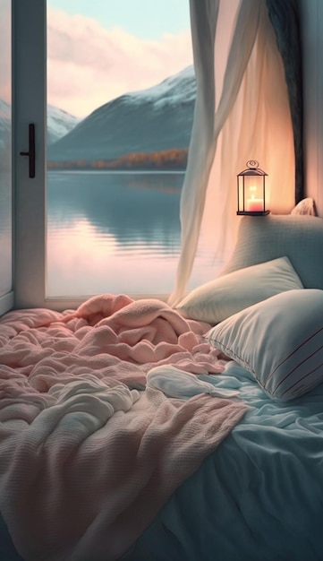 A bed with a blanket and a lamp on it