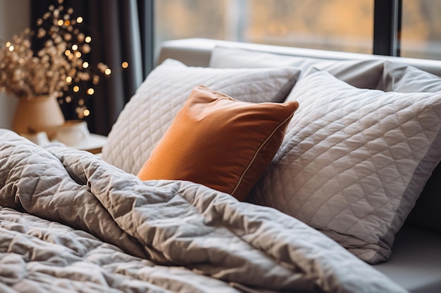 кровать с одеялом и подушками на ней