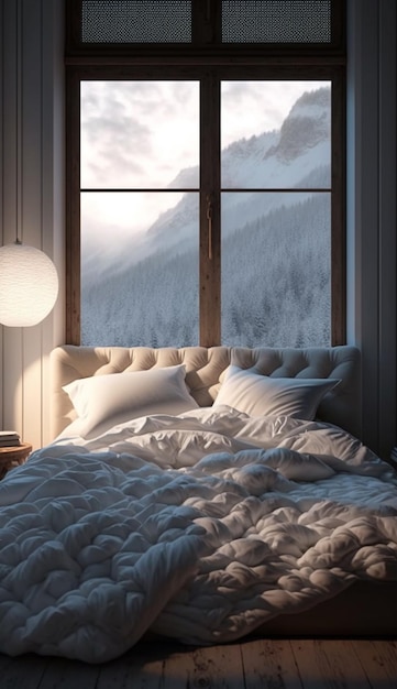 A bed with a blanket and a window with snow on the mountain in the background.