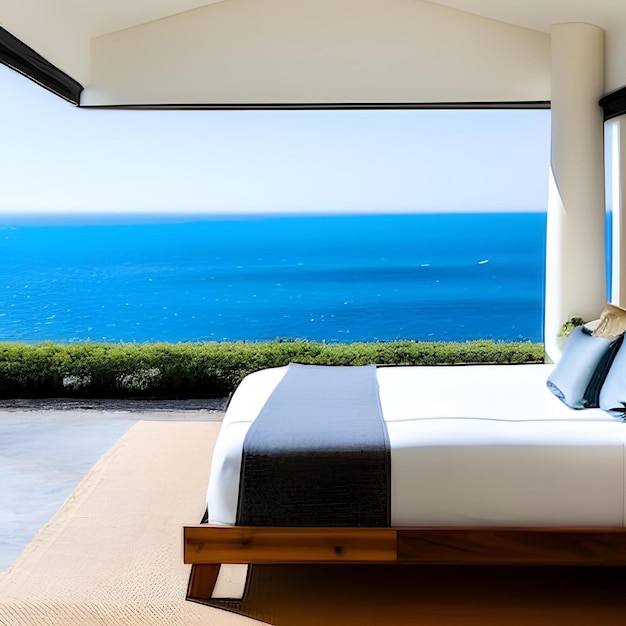 A bed with a blue pillow on it and a balcony with a view of the ocean