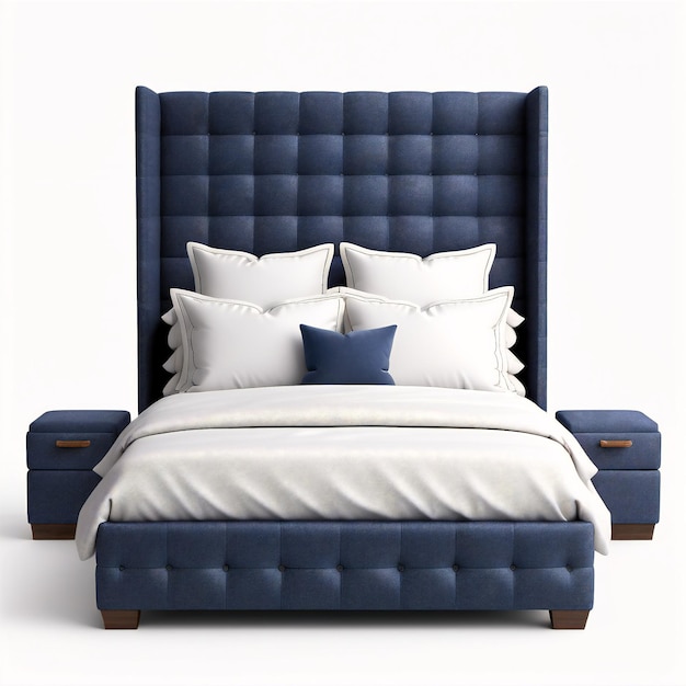 a bed with a blue upholing and pillows