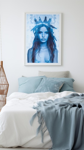 A bed with a blue and white painting on the wall