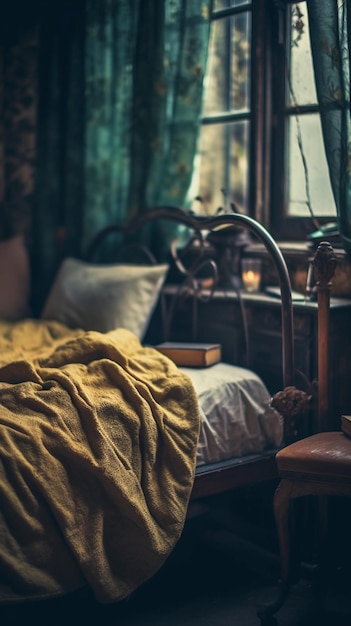 A bed with a book on it next to a window with a book on it.