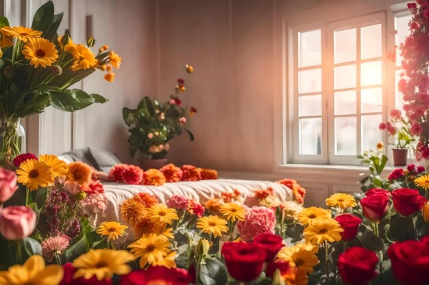 A bed with a bouquet of flowers in front of a window