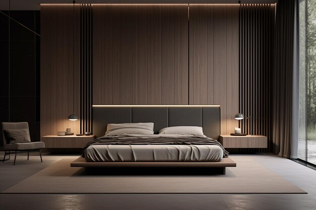 a bed with a brown headboard