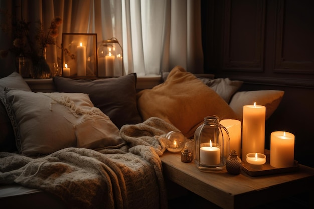 A bed with candles on it and a lamp on the table with the word candle on it.