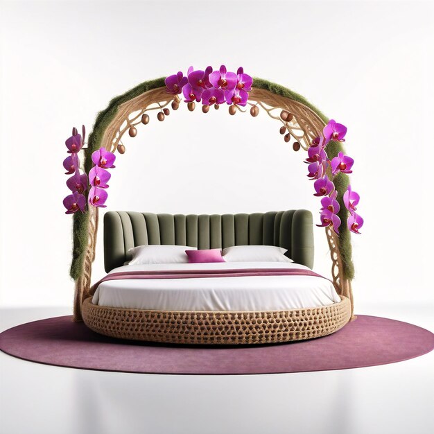 a bed with a canopy and flowers on it