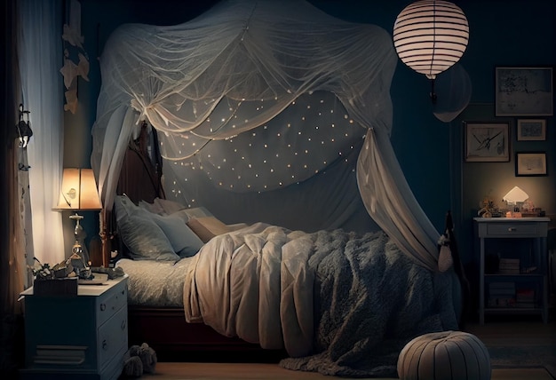 A bed with a canopy over it and a lamp on the side.