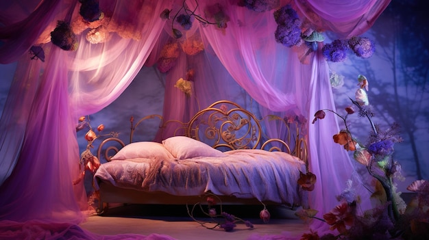 Photo a bed with a canopy that says 