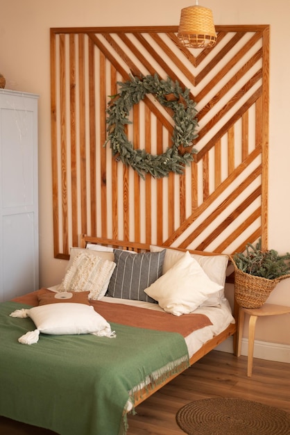 Photo bed with a christmas tree decoration ecostyle wood trim