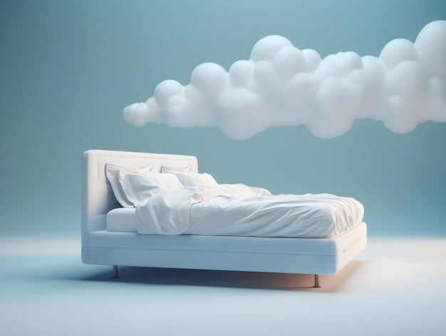 구름이 깔린 침대와 베개가 깔린 침대.