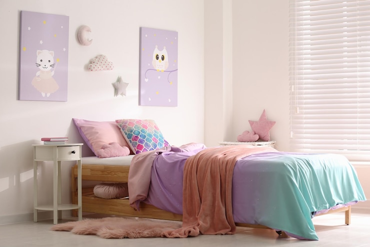 Photo bed with colorful linen in stylish children's room interior design