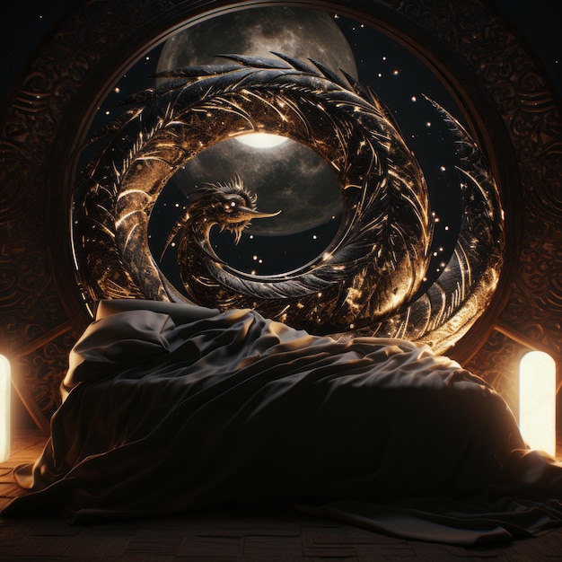 a bed with a dragon on it in front of a full moon