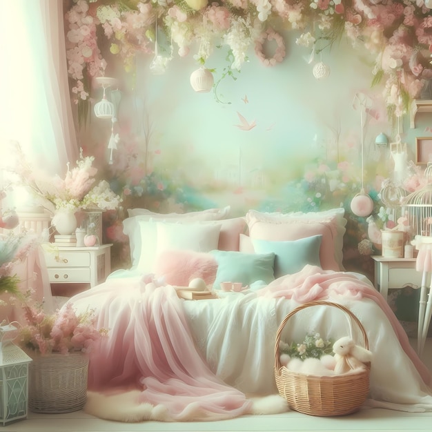 Photo a bed with flowers and a basket of flowers on the wall