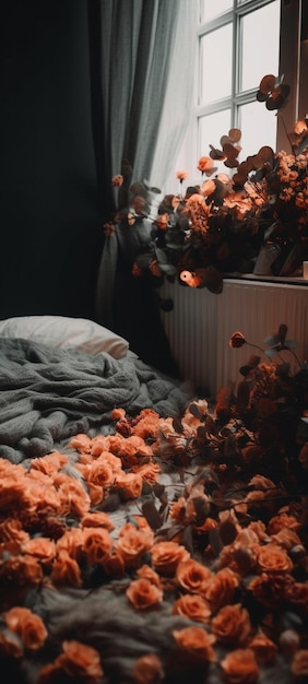 A bed with flowers on it and a lamp on the floor